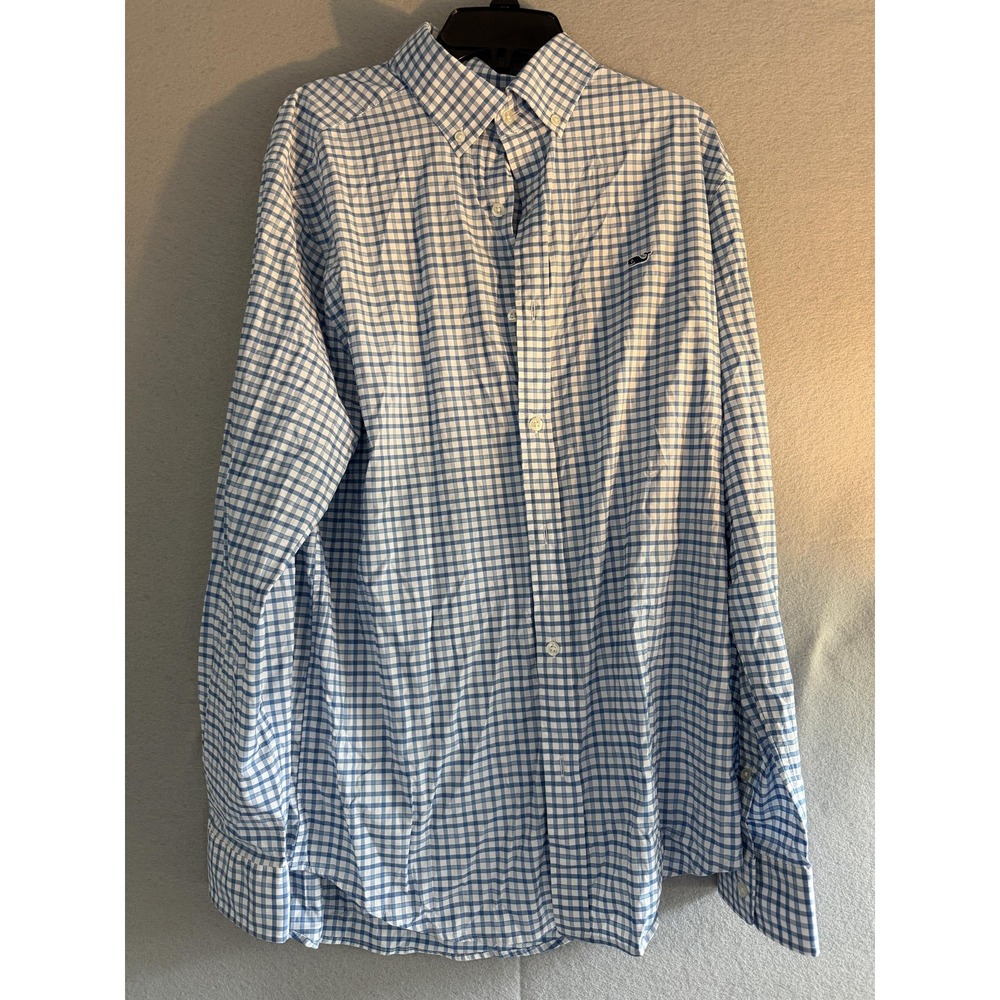 Vineyard Vines Whale Shirt Mens Medium Blue Check Nylon Stretch Button Down